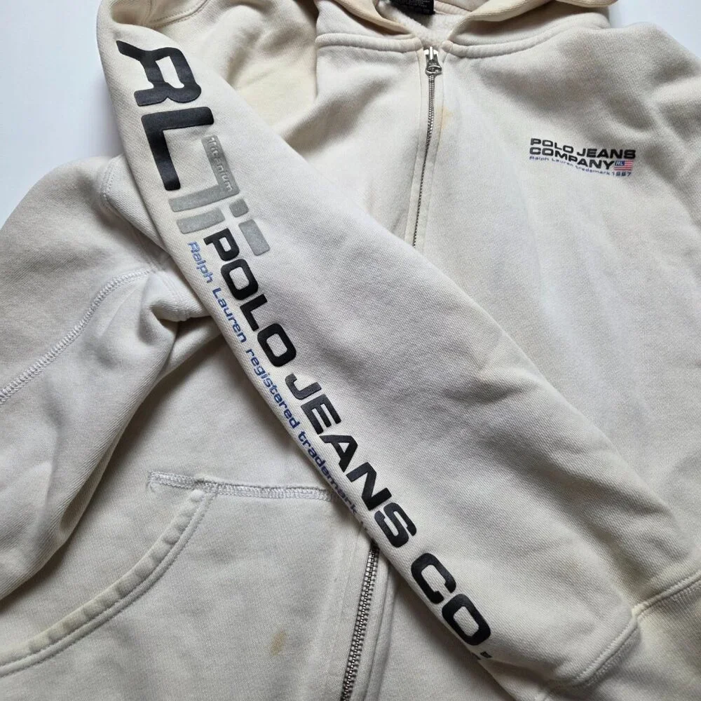 Vintage POLO Ralph Lauren Y2K White Zip Up Logo Hoodies Size XL‎